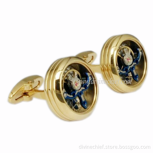 High End Golden Plated Blue Tourbillon Cufflinks, Stainless Steel Cufflinks With Custom Logo